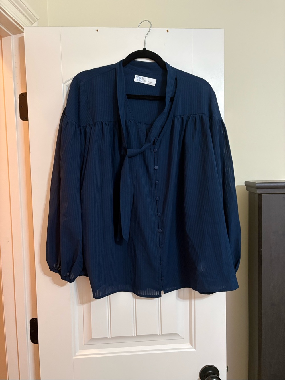 Time and Tru Navy Tie-Neck Button-Front Blouse